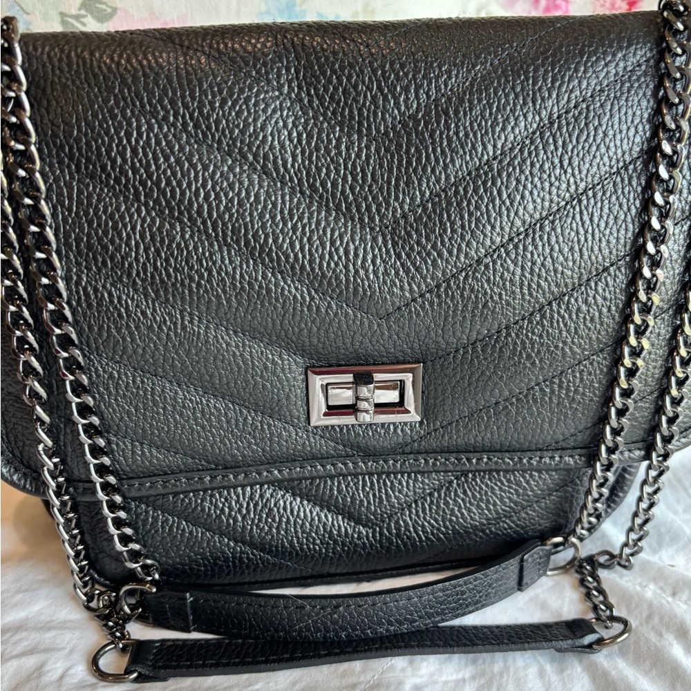Anna Paola Black Leather Bag Crossbody or Shoulder, Adjustable Chain Strap